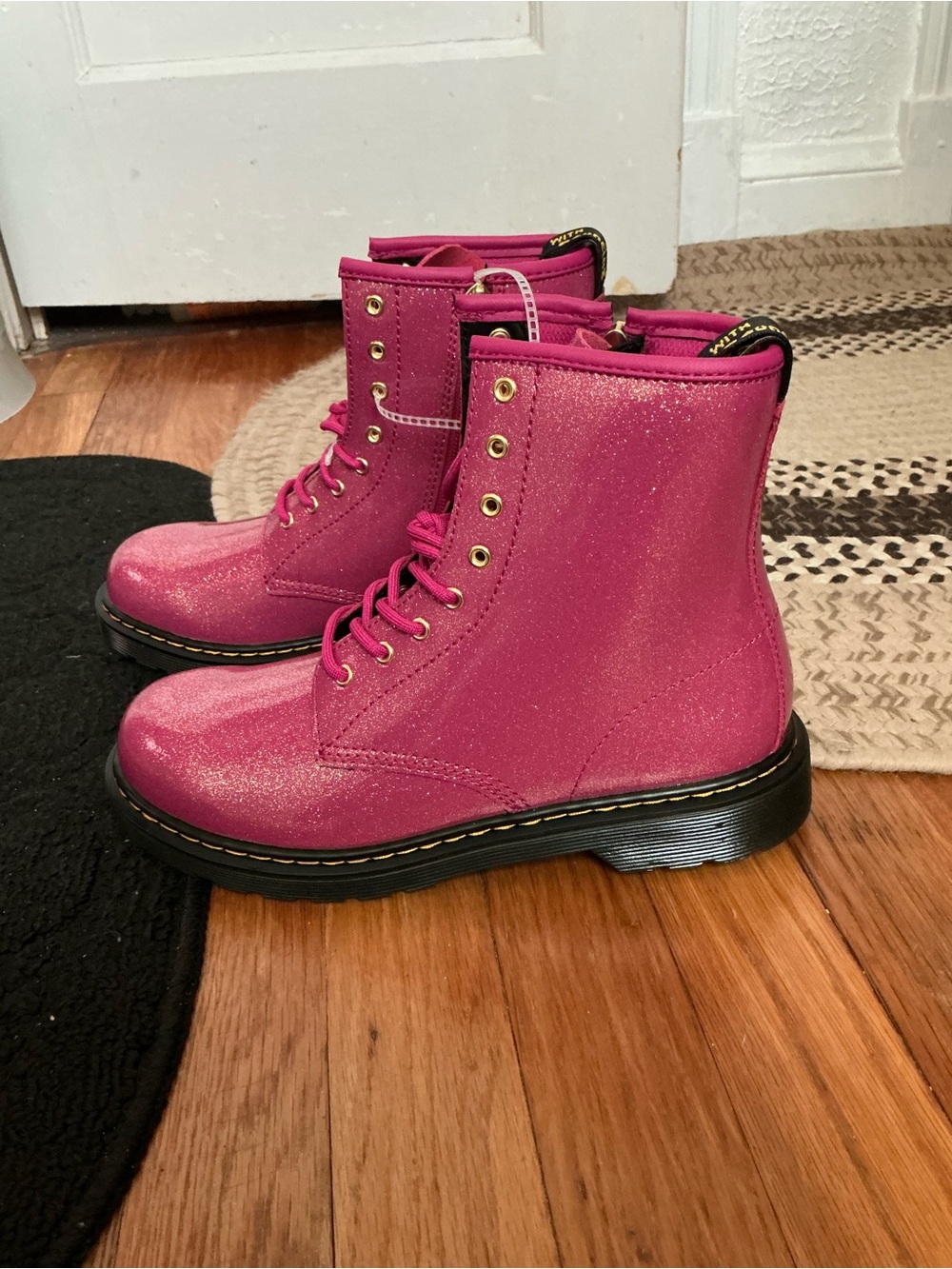Dr. Martens Pink Glitter Lace-Up Combat Boots - Picture 7 of 11